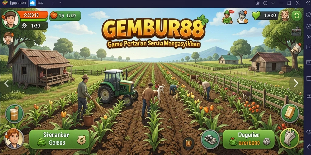 Tampilan gameplay <strong>GEMBUR88</strong> yang menarik dengan ladang pertanian yang subur.