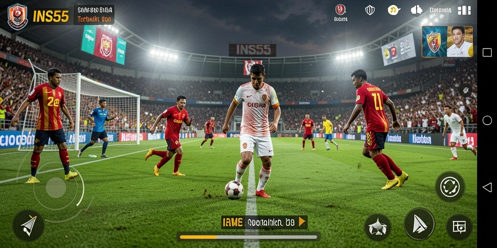 Tampilan gameplay menarik dalam INS55 dengan aksi sepak bola yang intens.