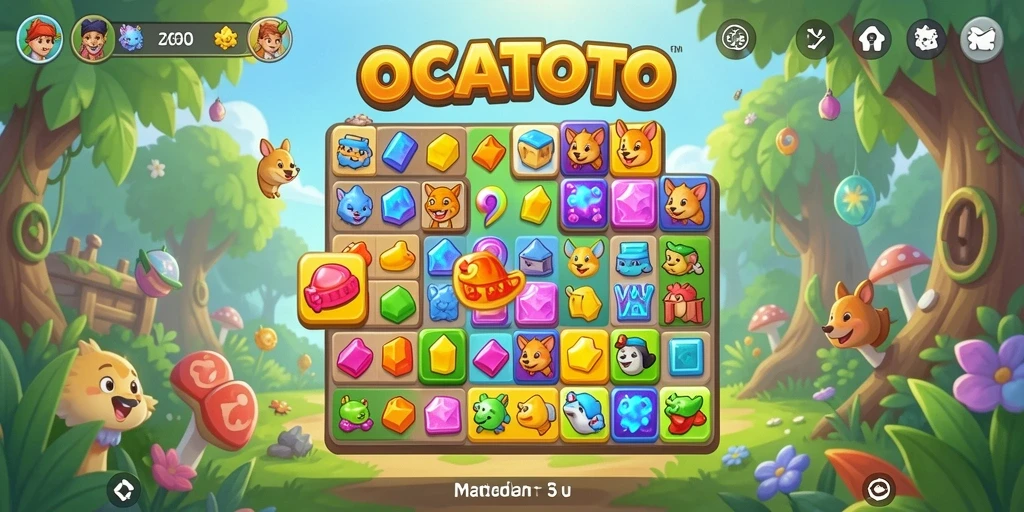 Screenshot OCATOTO menampilkan gameplay Match-3 yang seru dan penuh warna.