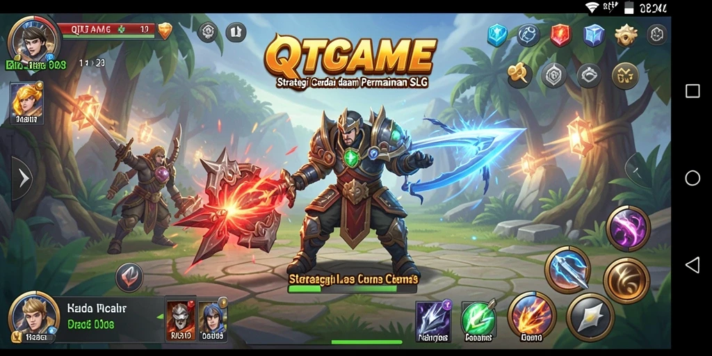 Screenshot gameplay QTGAME menampilkan pertempuran strategi yang mendebarkan.
