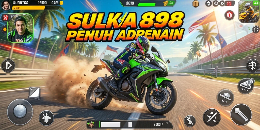 Screenshot utama SURYA898 menampilkan aksi balapan motor yang seru.